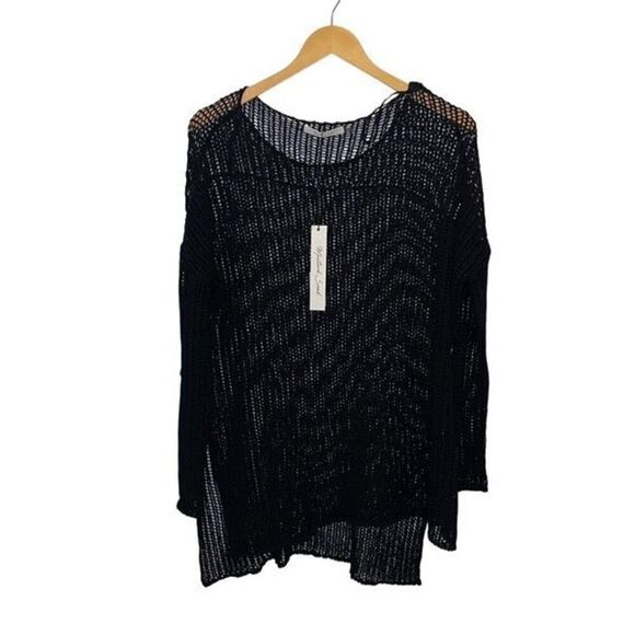 Mustard Seed Womens Open Knit Long Sleeve‎ High Low Hollow Top Black Small NWT - Picture 1 of 9
